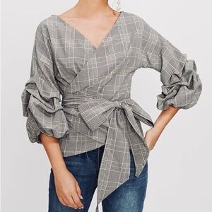ZARA Black & White Plaid Tie Wrap Waist Top Balloon Puff Sleeve Blouse